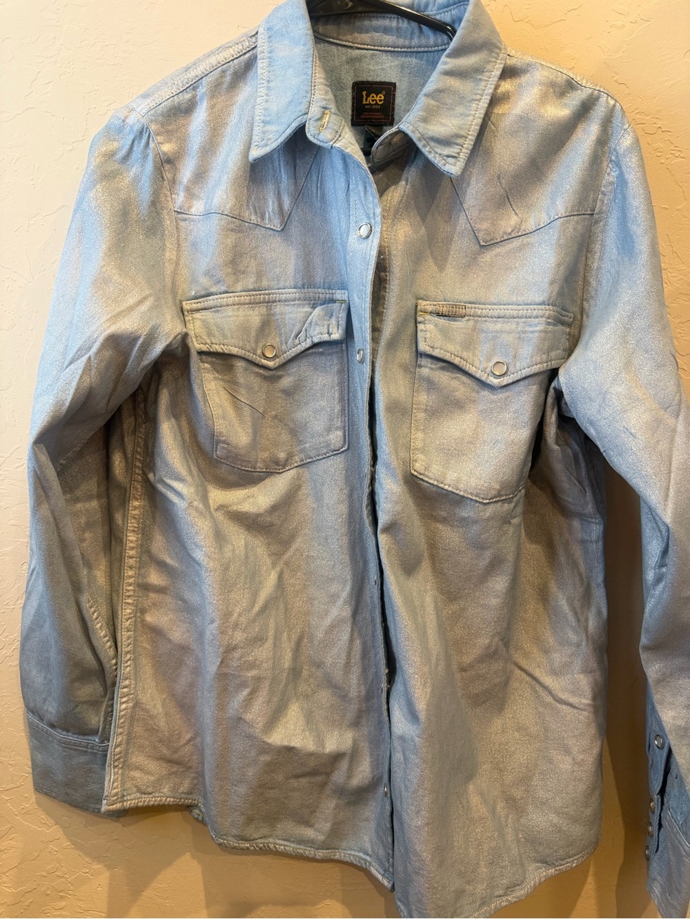 NWT Lee Denim Blouse Womens Med Western Rodeo Pearl Snap Boho Shimmer